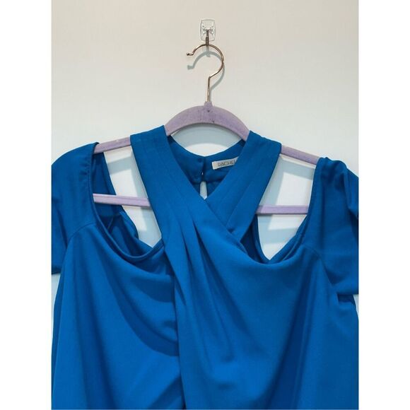 RACHEL Rachel Roy Blue Cross Neck Cold Shoulder Top Size 10 - Picture 2 of 6